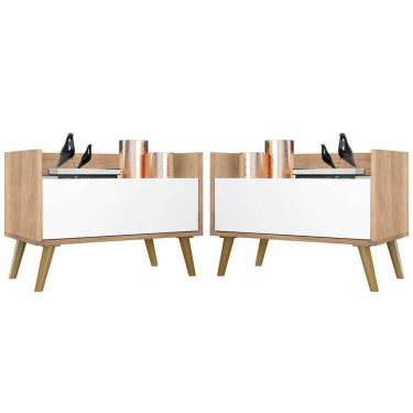 Imagem de Kit Com 2 Mesas De Cabeceira 80Cm Retrô Multimóveis V4002 Rustic/Branca/Natural