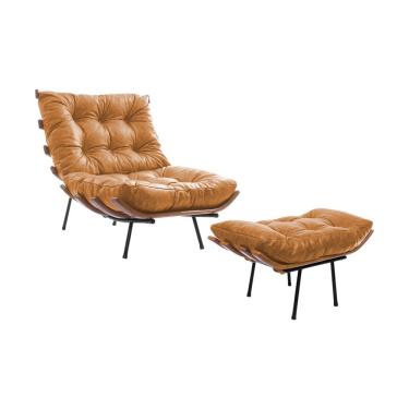 Imagem de Poltrona Costela Em Couro Natural Com Puff Caramelo Cor Bege