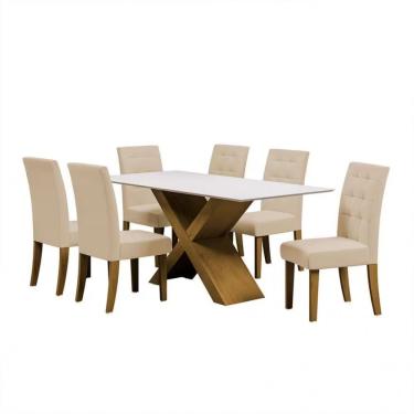 Imagem de Mesa De Jantar Dobuê Dubai Light 180x90 Com 6 Cadeiras Estofadas Carvalho/branco Off White/bege
