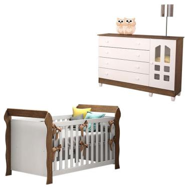 Imagem de Kit Berço Americano e Cômoda Lara e Gran Selena 1 Porta 4 Gavetas MDF MDP 154 cm Branco Carolina Baby