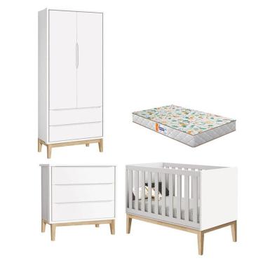 Imagem de Quarto De Bebê 2 Portas E Cômoda Gaveteiro New Classic Branco Com Pés Madeira Natural E Colchão Gazin - Reller