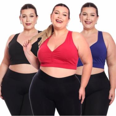 Imagem de Kit 3 Top Plus Size Fitness Feminino Sem Bojo Academia Decote - Brás e