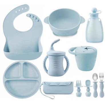 Imagem de PandaEar Conjunto De Alimentação Silicone Para Bebês, 11 Peças Utensílios Desmame Com Led, Prato Sucção Dividido, Tigela, Babadores, Copo Canudinho E Bolsa Comida, Recipiente Lanche, Colheres, Garfo