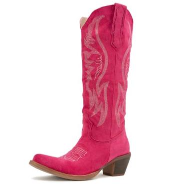 Imagem de GORBINETI Botas De Cowboy Femininas Estilo Cowboy, Cano Alto, Largo, Cowgirl, Com Bordado, Bico Fino, Salto Grosso, Bota Alta Da Moda Feminina, Outono Inverno, Rosa-15, 4 Reino Unido