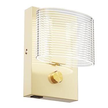 Imagem de URSOLA Luminária De Parede Led Com Dimmer E Porta Carregamento Usb, Abajur Oval Linear Elegante, Luz Fio 110 Volts, Iluminação Arandelas 4000 K (Dourada)