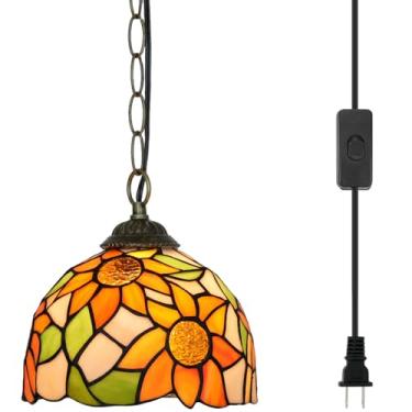 Imagem de Blivuself Luminária Pendente Tiffany Com Vitral De Girassol Amarelo, Suspensa 8" Iluminação Vintage Para Decoração Casa, Sala Jantar, Corredor, Cozinha E Ilha