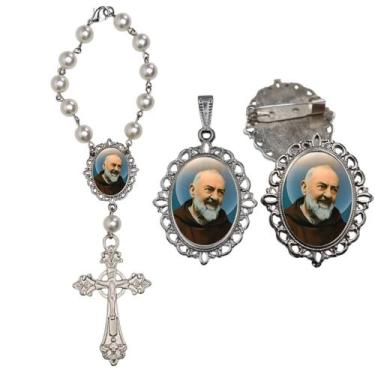Imagem de Terço de Carro Padre Pio com Broche e Relicario Lembrancinha Religiosa