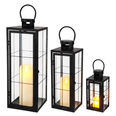 Imagem de TRIROCKS Conjunto de 3 velas decorativas lanternas de metal vintage com vidro temperado, perfeito para jardim, quintal, pátio, festas de casamento, eventos internos e externos