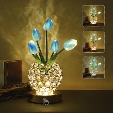 Imagem de Lâmpada de flor de cristal tulipa, luminária de mesa recarregável sem fio, luz noturna pequena alimentada por bateria de 3 cores infinitamente regulável, presente para a mãe no dia dos namorados, dia