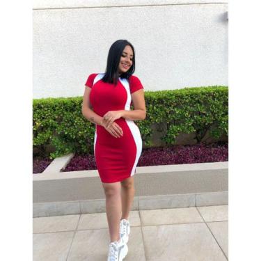 Imagem de vestido feminino curto gola rasa manga curta listra branca lateral inf