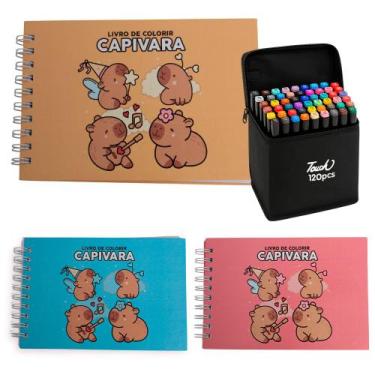 Imagem de Kit Livro de Colorir Infantil Capa Dura Capivara 120 Canetas - Toys 2u