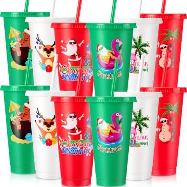 Imagem de Jingmore Pacote com 12 copos de plástico de Natal de verão com canudo e tampa, 680 g, garrafa de água reutilizável de Papai Noel para lembrancinhas de festa de Natal de verão