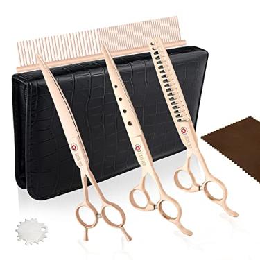 Imagem de LILYS PET Profissional Pet Cachorro cuidados Tesoura de corte e curvas e tesouras de esbelto, design de orifício redondo, tesoura de afiação de dentes de tubarão (18 cm, dourado)