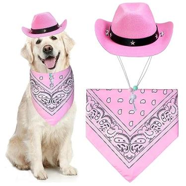 Imagem de GOYOSWA Fantasia de Halloween para cães, fantasia de caubói de Halloween, chapéu de caubói, cachecol de bandana para cães engraçados, fantasias de Halloween para cães pequenos, médios e grandes, animais de estimação (chapéu rosa e bandana rosa, grande)
