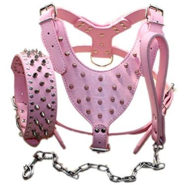 Imagem de Coleiras de couro com pontas para cachorro média e grande da Haoyueer, coleiras de correia e corrente, conjunto de 3 peças combinando para Pit Bull, Mastiff, Boxer, Bull Terrier