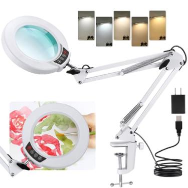 Imagem de LANCOSC Lupa 10X Com Luz E Braçadeira, 5 Modos De Cor, Aumento Regulável, Braço Oscilante Ajustável, Lâmpada Mesa Led, Mãos Livres Para Trabalhos Perto, Pintura Artesanato - Branco