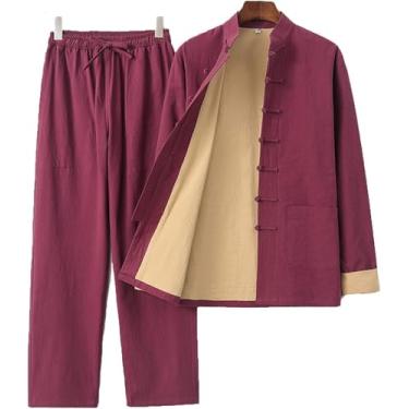 Imagem de Mens Tang Terno Chinês Tradicional Manga Longa Tai Chi Kung Fu Camisa Artes Marciais Terno De Roupas, Tops De Cânhamo De Algodão E Calças Adequadas Para Treinamento De Wing Chun, Red Wine, XL