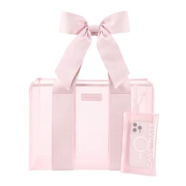 Imagem de Case-Mate Bolsa de praia com laço rosa - Bolsa de praia leve com bolsa de telefone para mulheres - Impermeável, à prova de pontas, dobrável e lavável - Sacola para piscina, viagens e férias - Grande