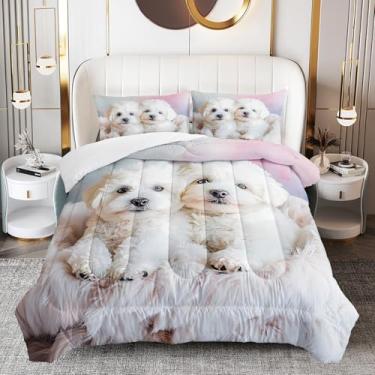 Imagem de AILONEN Conjunto de edredom 3D Kawaii Bichon Frise, fofo, cachorrinho branco, para crianças, tamanho solteiro, adorável conjunto de edredom de cachorro Aniaml, 3 peças, 1 colcha + 2 fronhas