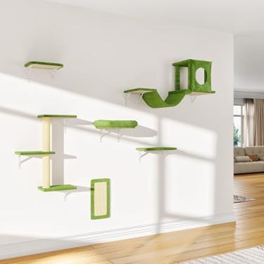 Imagem de NUNU LAB Móveis para gatos montados na parede, 6 peças de prateleiras de parede para gatos com casa de condomínio, ponte, degraus, arranhador, rede, móveis internos seguros e estáveis para brincar com