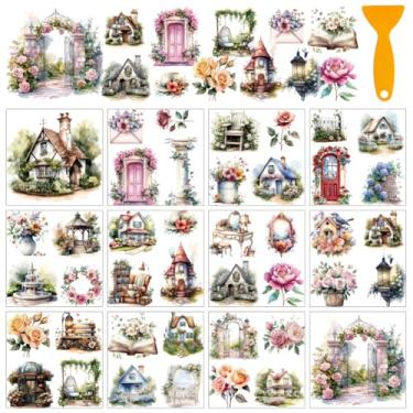 Imagem de AHANDMAKER 12 folhas de adesivos de transferência com raspador, adesivos de construção vintage com flores para livraria, sala de estudo, creche, decoração de janela, 14 x 14 cm