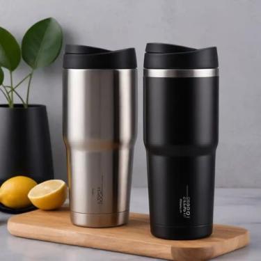 Imagem de Copo Térmico Parede Dupla em Aço Inox Preta 500ml com Tampa Flip - Estilo Minimalista