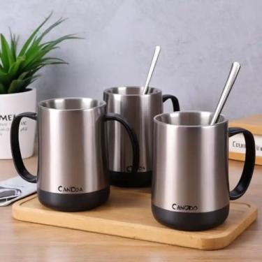 Imagem de Caneca Térmica Parede Dupla em Aço Inox Cinza 350ml com Canudo - Estilo Liso