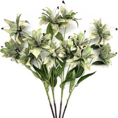 Imagem de Flores de lírio artificiais, flores de seda falsas, hastes de plástico, flores artificiais para buquê de casamento, festa, jardim, hotel, decoração de casa, vaso, arranjos florais, pacote com 4 (verde