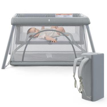 Imagem de Berço de viagem, berço portátil 3 em 1 para bebês, cercadinho de viagem leve para bebês e crianças, brinquedo de viagem dobrável com colchão confortável (cinza claro)