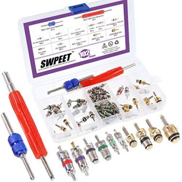 Imagem de Swpeet Kit de acessórios de núcleo de válvula de ar condicionado de 102 peças, incluindo sortimento R12 R134a núcleo de válvula de refrigeração núcleos de haste de válvula de pneu com ferramenta de