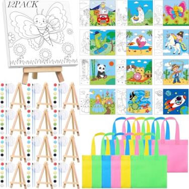 Imagem de Funrous 12 Sets Pre Drawn Canvas Kit for Painting with Multi Theme Drawn Canvas Panels Acrylic Paints Brushes Palettes Easels Tote Bags for Birthday Party Gifts Home DIY Supplies