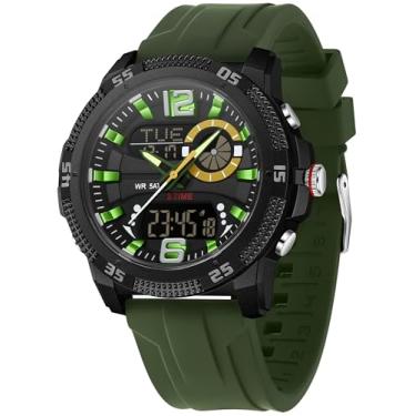 Imagem de findtime Relógio analógico digital masculino tático com 3 fusos horários, cronômetro, alarme, relógio esportivo, contagem regressiva, pulseira de silicone, Verde, Casual