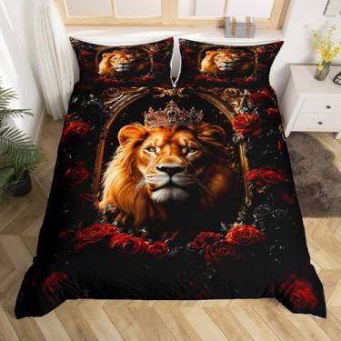 Imagem de Castle Fairy Capa de edredom de leão selvagem, tamanho Queen, retrô, coroa dourada, animal, poliéster, reversível (não edredom), capa de edredom com flores românticas e rosas vermelhas para quarto