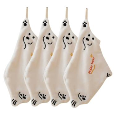 Imagem de Lindas toalhas de mão para pendurar urso polar para banheiro e cozinha – lã coral, pacote com 4, 20 x 15 cm, toalhas de animais macias de secagem rápida para crianças e decoração de casa (brancas)