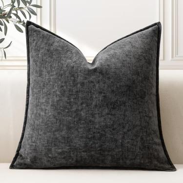 Imagem de OTOSTAR Capa de almofada decorativa de chenille cinza escuro 50 x 50 cm com borda costurada capa de almofada quadrada macia para sofá cama sala de estar