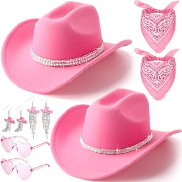 Imagem de Hercicy 8 peças de chapéu de cowboy ocidental para mulheres, cowgirl, strass, brincos de coração, óculos de sol Paisley Bandanas, rosa, tamanho �nico