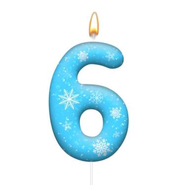 Imagem de Velas brancas e azuis de aniversário com tema Frozen - velas azuis com números de floco de neve, decorações de festa temáticas, suprimentos de festa para meninas (número 6)