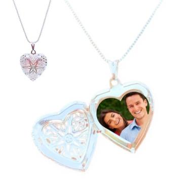 Imagem de Colar com Fotos Pingente Relicário Luxo Coração Banhado A Ouro 18k e a Prata 925 (Banhado a Prata 925)