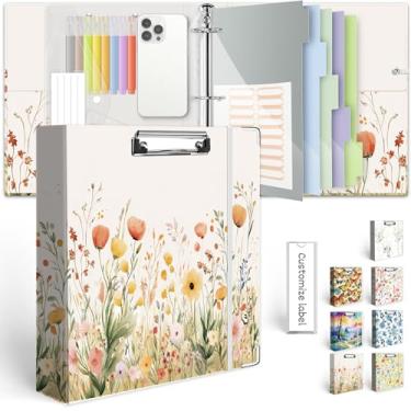 Imagem de Fichário de 3 anéis de 5 cm para papel de 21,6 cm x 28 cm, três fichários com prancheta, 5 divisórias com abas e bolsos, fichário decorativo com suporte de caneta, erva daninha