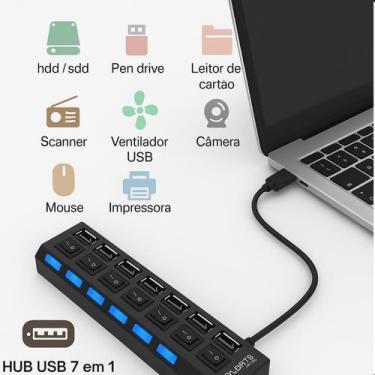 Imagem de Hub USB 2.0 com 7 Portas e Cabo Extensor  Ideal para Conectar Múltiplo