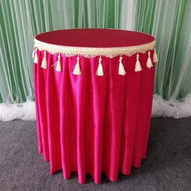 Imagem de Saia de mesa redonda com borlas e toalha de mesa de seda gelada para festa de casamento, chá de bebê, bolo de aniversário, saia de mesa, rosa choque, D70 x A75 cm