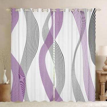 Imagem de Cortina de janela geométrica com listras abstratas para quarto, roxo preto ondulado linha geométrica para meninas adolescentes, estilo moderno simples geometria branca decoração microfibra tratamento