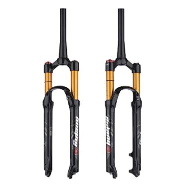 Imagem de BOLANY Garfo de suspensão de ar de bicicleta 26/27,5/29" 120 mm para rebote de viagem ajuste 1/8 tubo reto/cônico manual/garfos de bicicleta de bloqueio remoto QR 9 mm MTB garfo dianteiro (manual cônico, 79,8 cm)