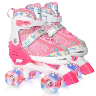 Imagem de Patins infantis para meninas - rosa para crianças grandes de 7 8 9 e 10 anos - Rodas ajustáveis para todas as luzes para esportes internos e externos, presente de aniversário para filho e neto