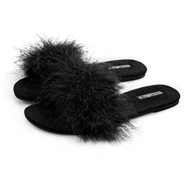 Imagem de BCTEX COLL Pantufas femininas felpudas de bico aberto, espuma viscoelástica com penas, chinelos macios e peludos, para uso interno, Preto, 37