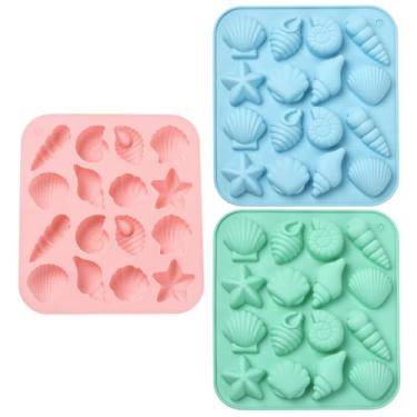 Imagem de Ipotkitt 3 peças, 3 cores, moldes de silicone com tema marinho, oceano, estrela-do-mar, forma de concha, molde de silicone para artesanato faça você mesmo, chocolate, keto, bomba gorda, geléia, bolo