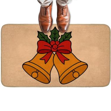 Imagem de Turamurra Capacho de Natal para porta da frente ao ar livre, tapete de boas-vindas antiderrapante com laço vermelho e sino dourado, tapete de entrada para varanda, casa, escritório, sala de estar