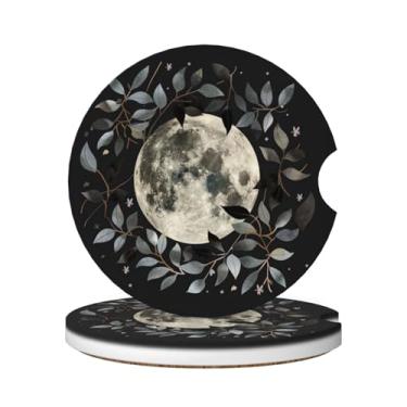 Imagem de Neukim Pacote com 2 porta-copos de carro com folhas azuis e cinzas, porta-copos absorventes de cerâmica antiderrapante de 6 cm com base de cortiça e entalhe de dedo, acessórios de carro interiores