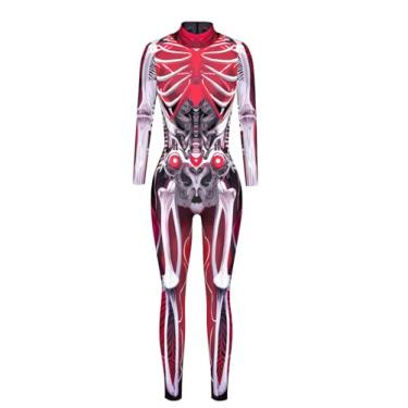 Imagem de Macacão infantil esqueleto sangue menina Halloween osso vermelho crânio macacão zíper costas body 7-8 anos