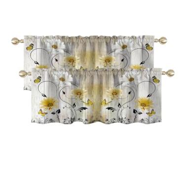 Imagem de AAtter Cortina floral amarela para janela cinza flor cinza rústica margarida branca borboleta pequena pequena sala de estar quarto banheiro tecido drapeado 2 peças, 132 cm L x 45,7 cm C x 2, fofa